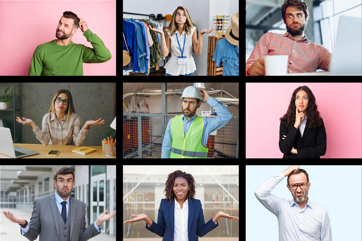 A collage of photos of managers looking confused and clueless, to accompany a blog about managers not being given enough information to support AI rollout and adoption