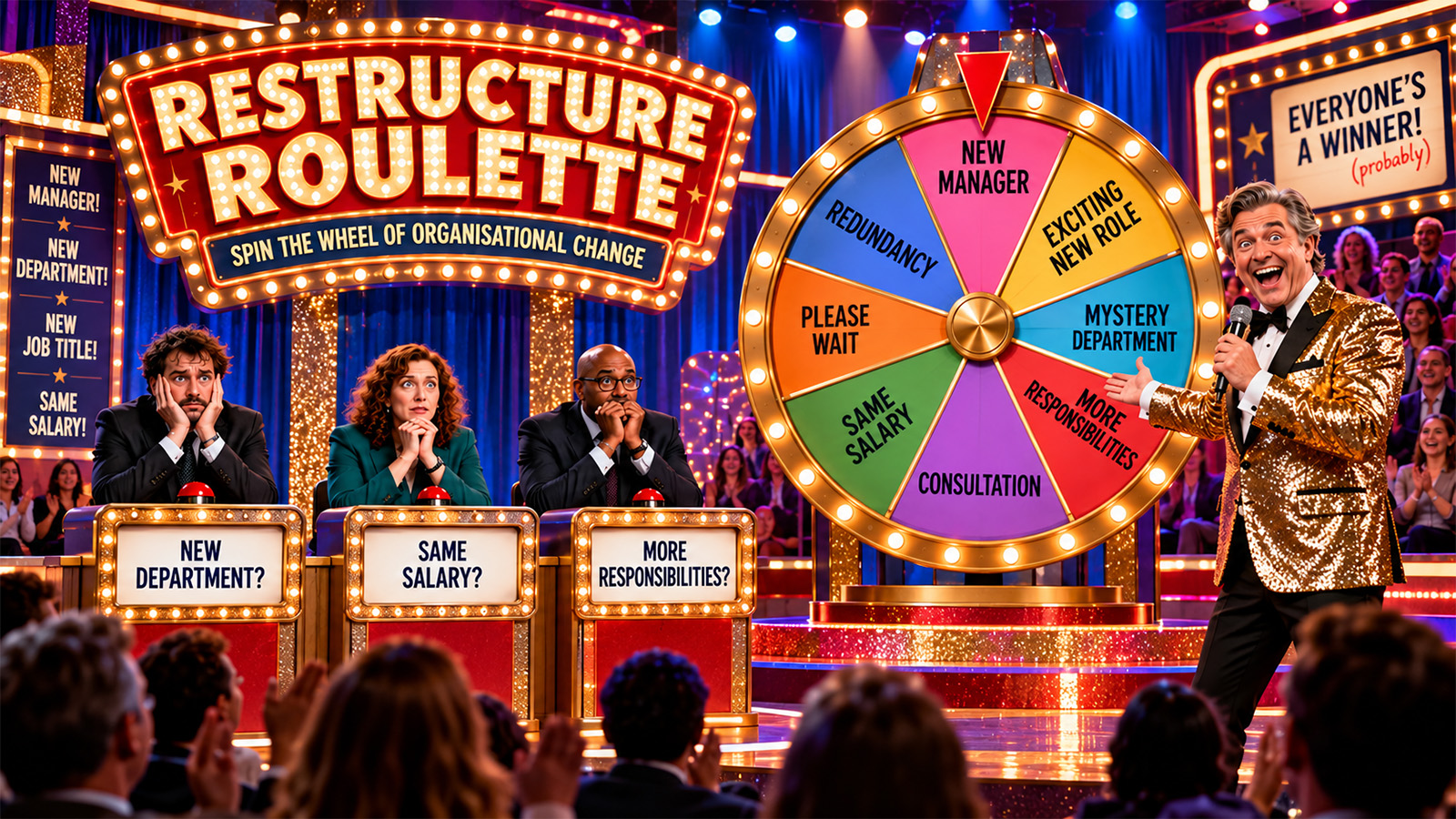 Anxious employees spinning a gameshow wheel of organisational change