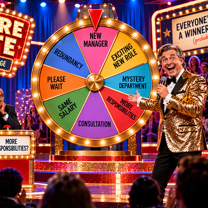 Satirical gameshow host presenting Restructure Roulette