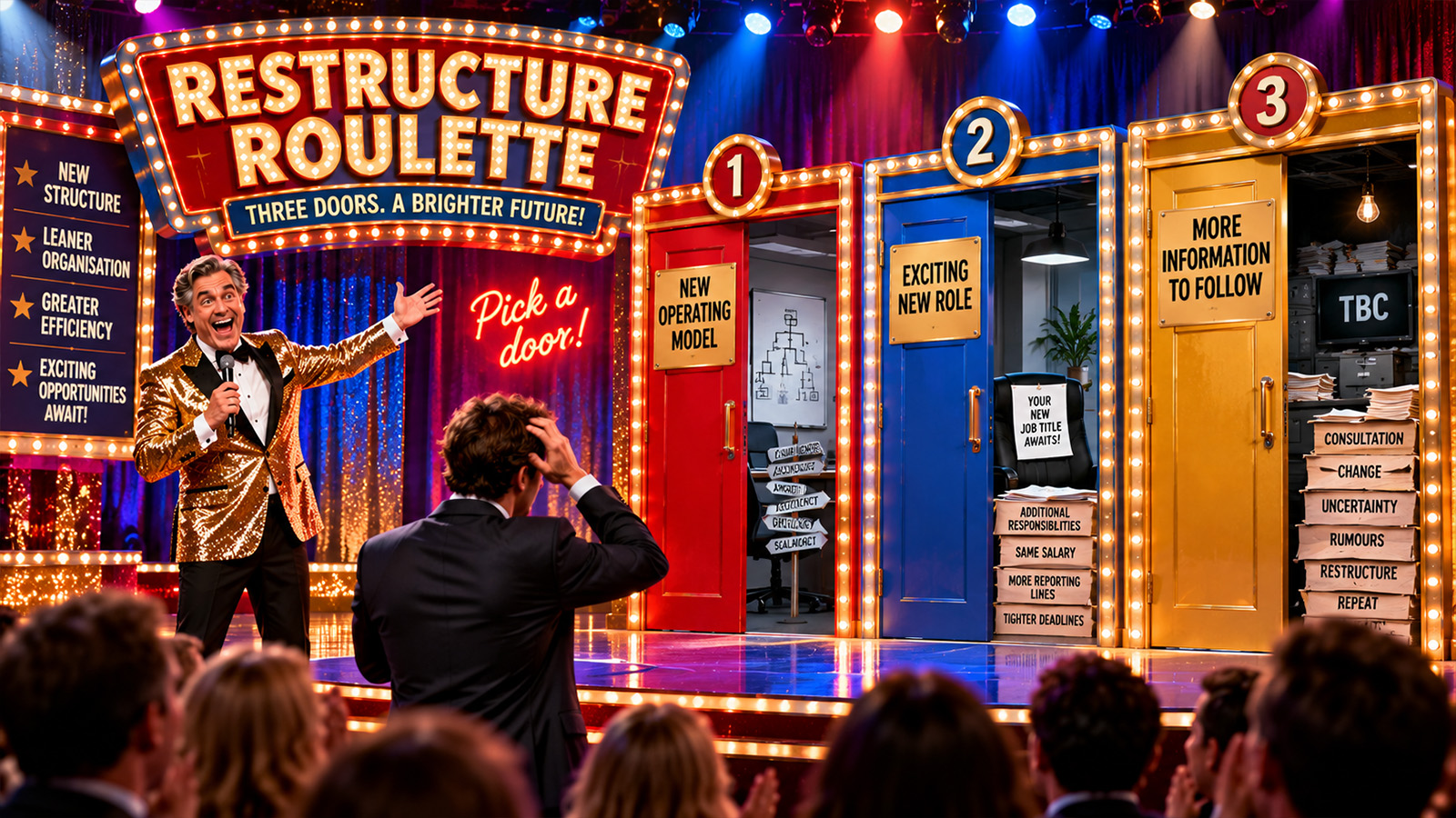 Anxious employee choosing between three gameshow doors