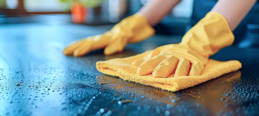 Ai Generated Woman Wearing Yellow Gloves On Tabletype Or Paste Your Content Here