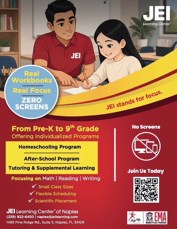 JEI Learning Center of Naples Real Workbooks Real Focus Zero Screens Pre-K through 9th grade