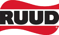 Logo for RUUD, featuring the name in black letters between two wavy red banners.