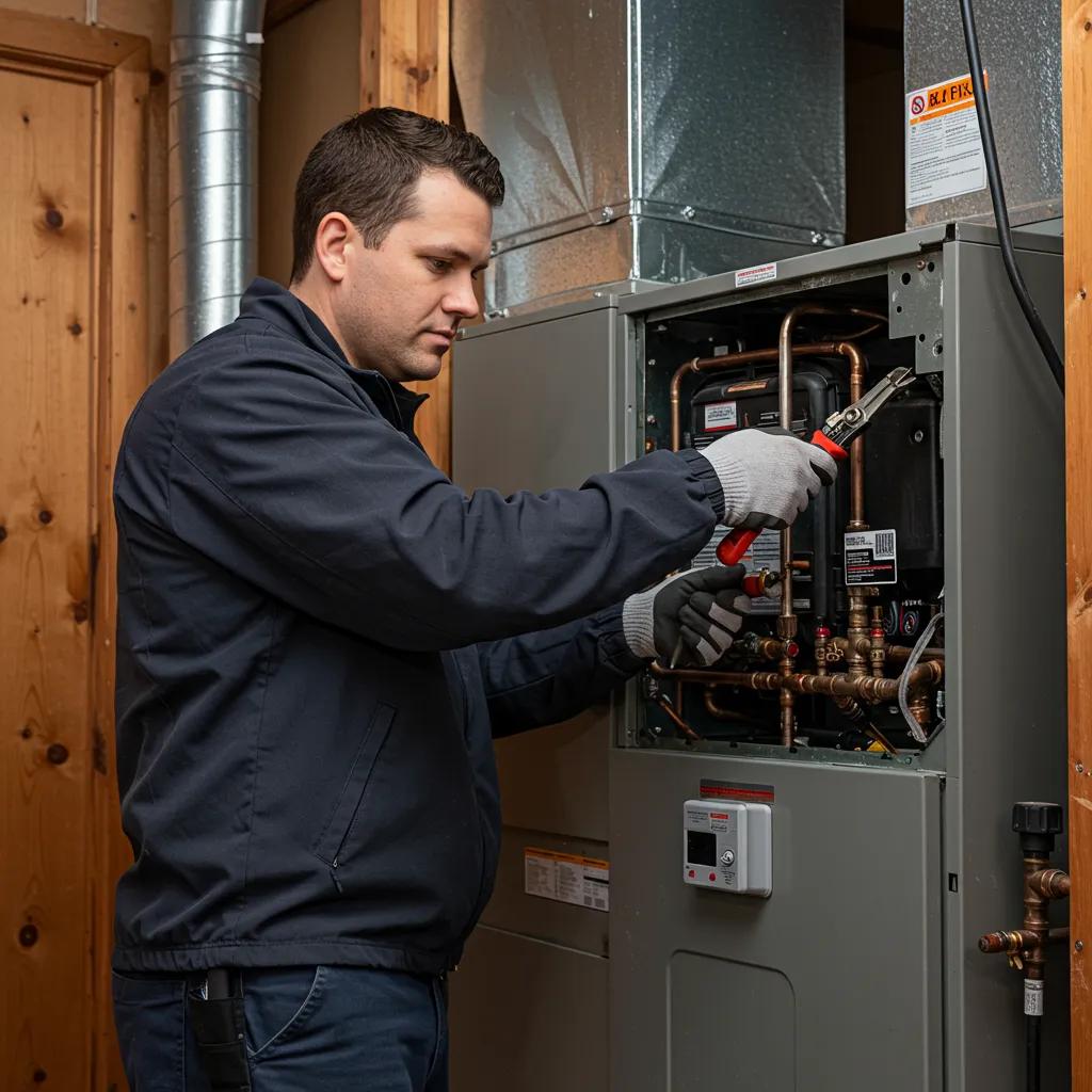 Skilled HVAC technician performing thorough furnace maintenance, demonstrating expertise and safety protocols