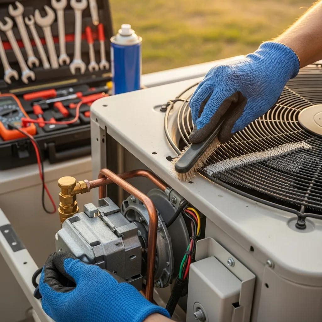 Technician cleaning AC coils, illustrating preventive maintenance and equipment longevity