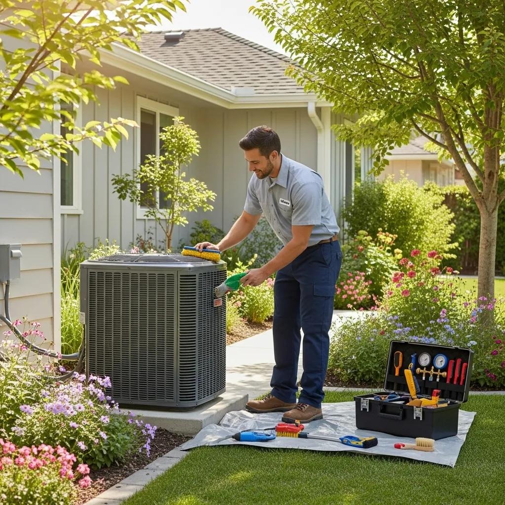 Technician performing an AC tune-up outdoors, emphasizing HVAC maintenance and efficiency