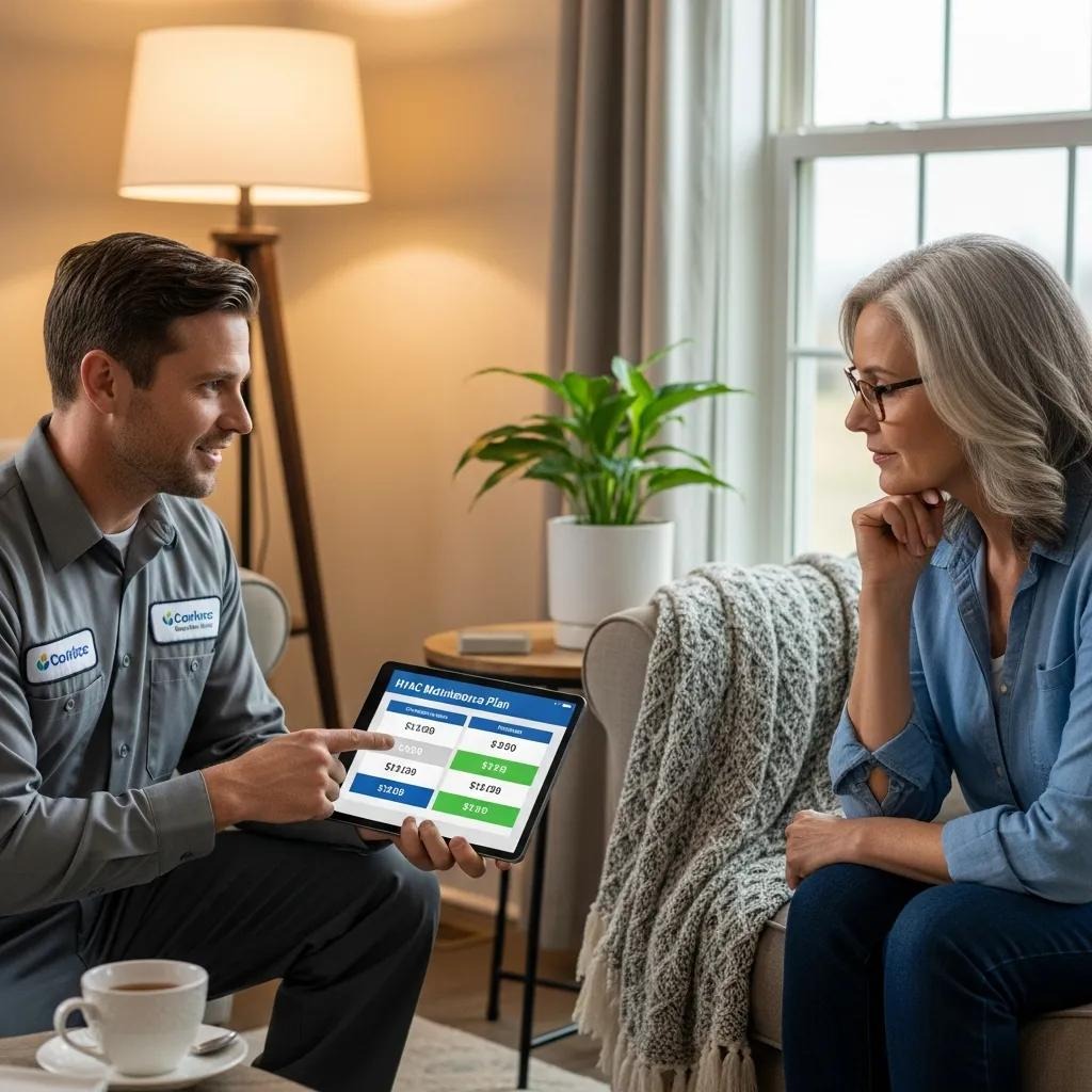Technician explaining HVAC maintenance costs to homeowner, emphasizing service value and budgeting