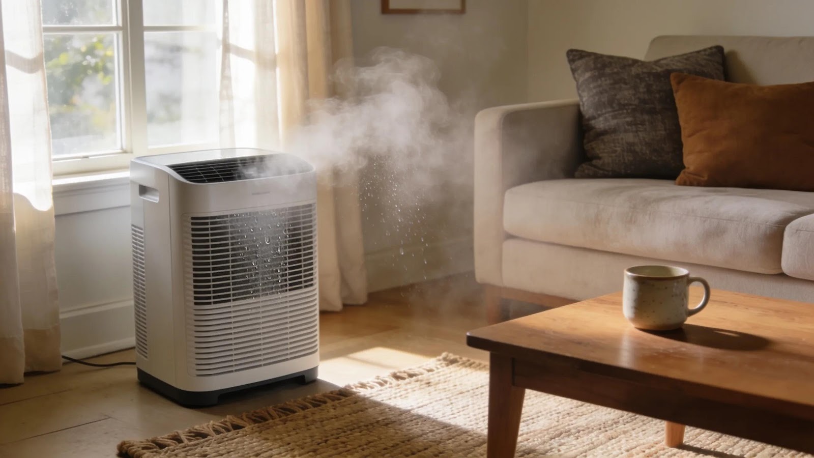 Stylish dehumidifier in a cozy Virginia Beach, VA home managing indoor humidity