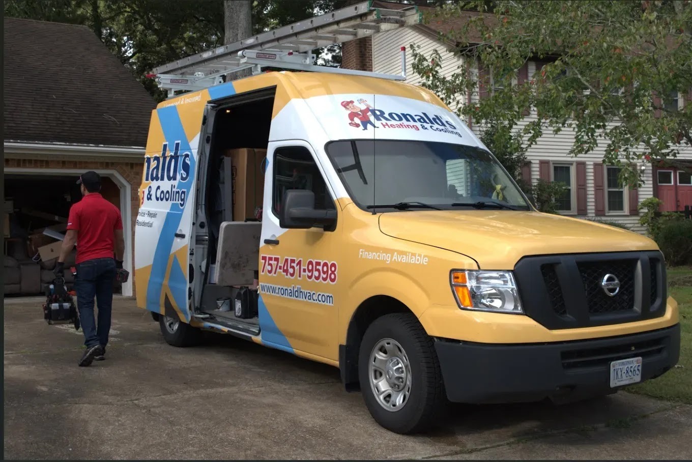 HVAC technician performing maintenance in a cozy home environment