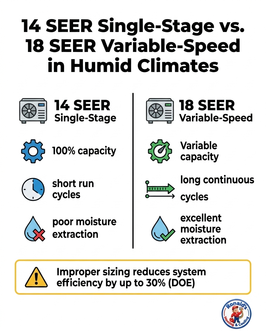 14 SEER Single-Stage vs. 18 SEER Variable-Speed in Humid Climates