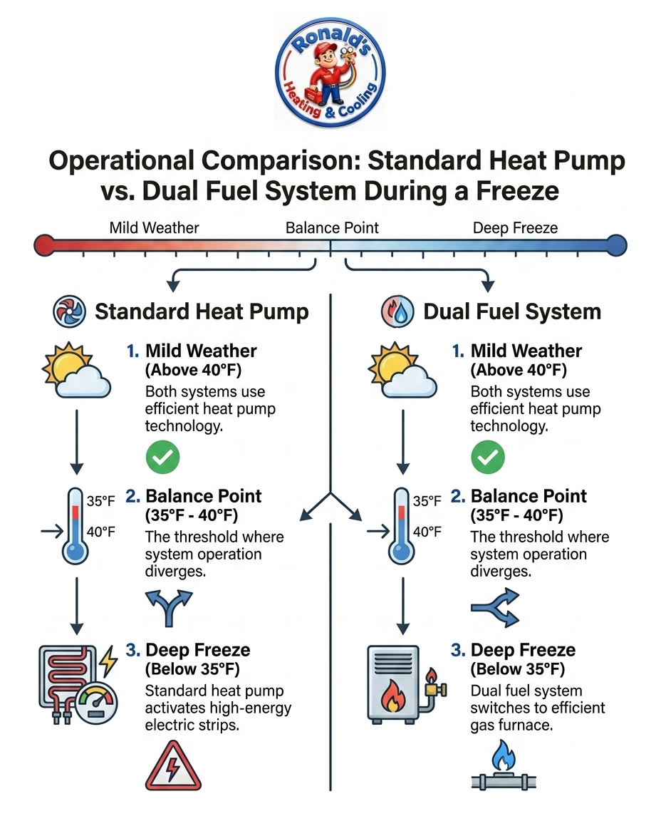 Operational Comparison: Standard Heat Pump vs. Dual Fuel System During a Freeze