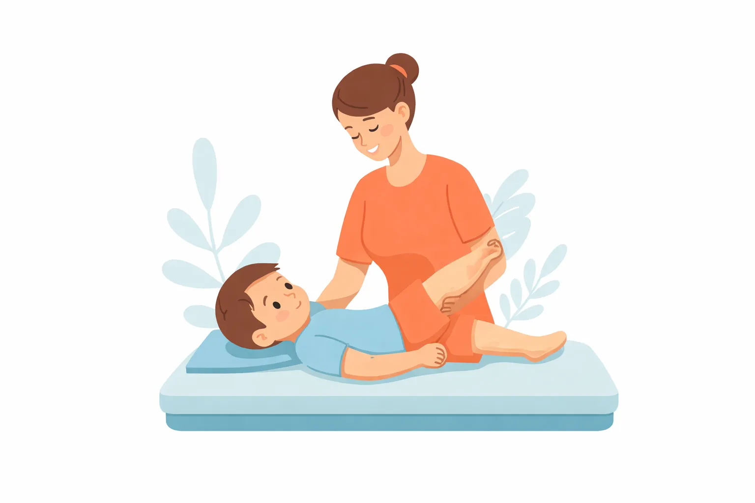 Physoitherapeutin mit jungem Patienten während der Krankengymnastik