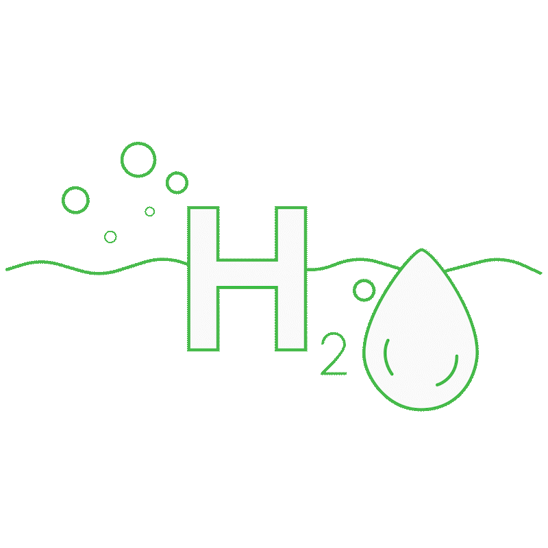 Animated graphic representing green hydrogen, showing the chemical formula H₂O with water droplets and bubbles, symbolizing hydrogen production from water.
