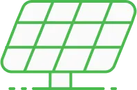 A green and white icon of a solar panel, angled slightly to the right, divided into multiple cells.
