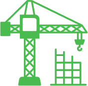 A green icon on a black background depicts a construction crane next to the partially built frame of a building. The crane has a jib extending to the right with a hook hanging down.