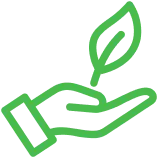 Green outline icon of a hand cupping a leaf, representing environmental awareness or care for nature.