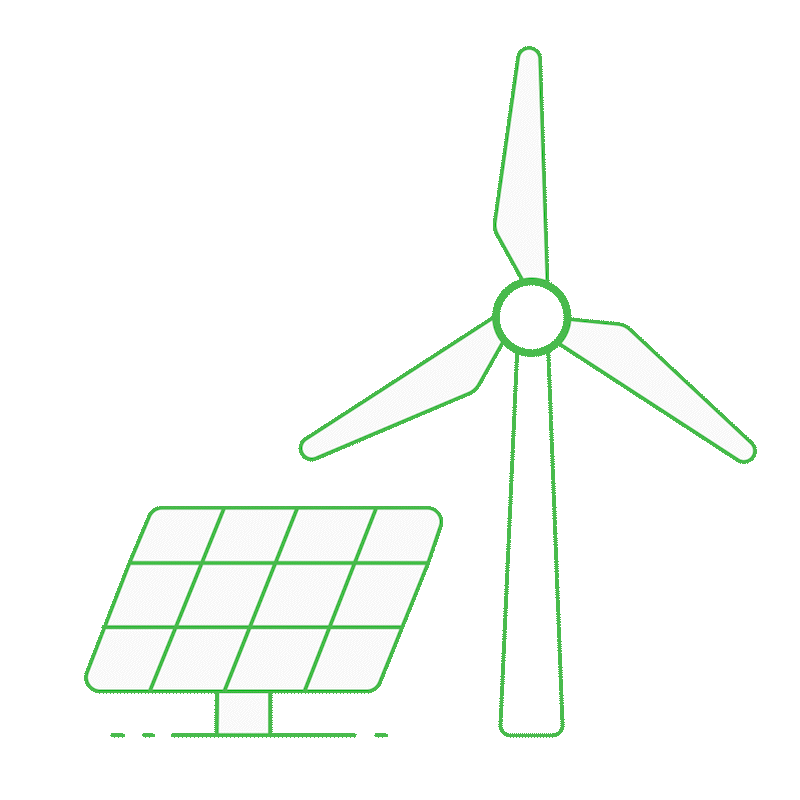 Animated illustration of a hybrid renewable energy system featuring a solar panel and a wind turbine, representing sustainable energy solutions.