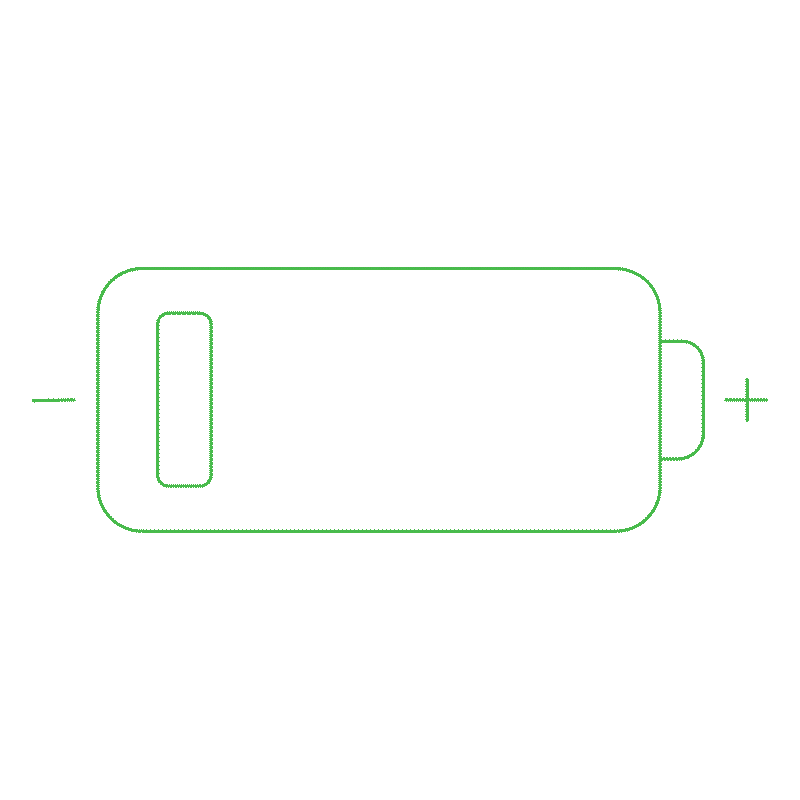 Animated green outline of a battery icon showing a charging cycle, representing a Battery Energy Storage System (BESS) with plus and minus symbols indicating polarity.