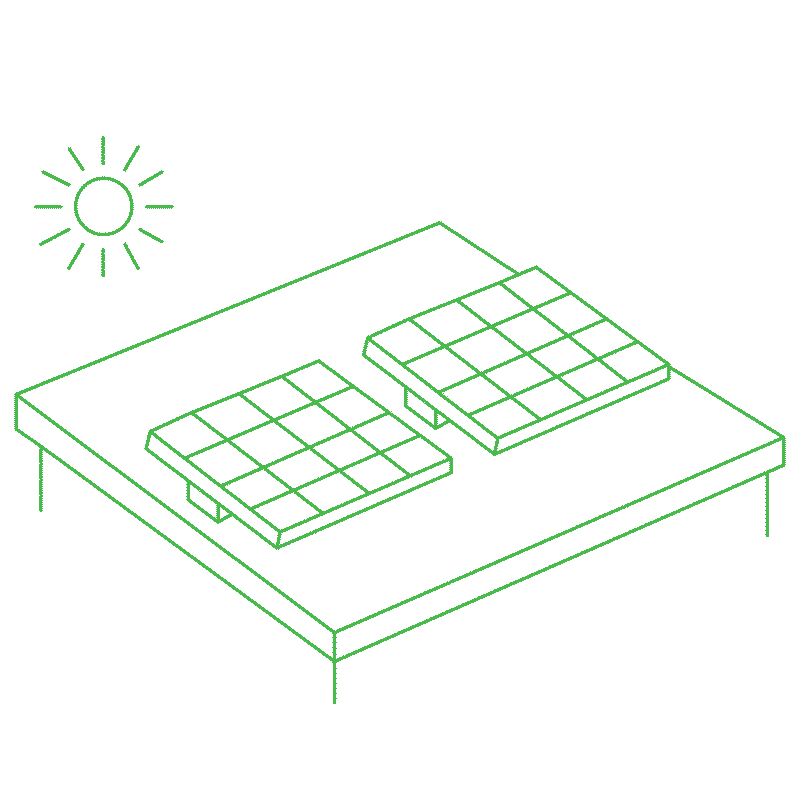 Outline illustration of rooftop solar panels under the sun, representing solar energy generation on buildings.