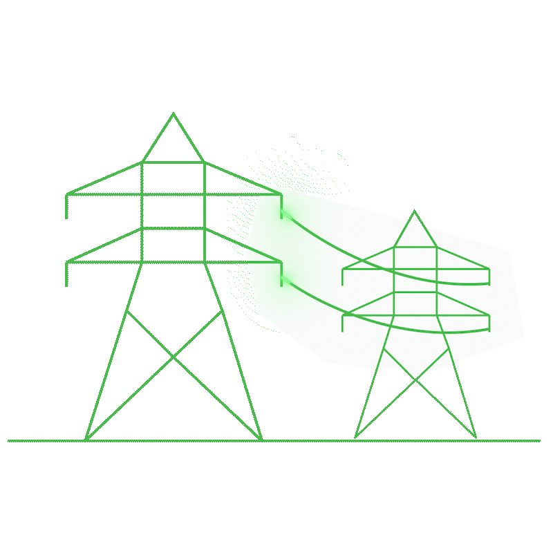 Animated green outline of two electricity transmission towers connected by power lines, symbolizing the distribution and transmission of electrical energy, with a glowing effect on the wires indicating energy flow.