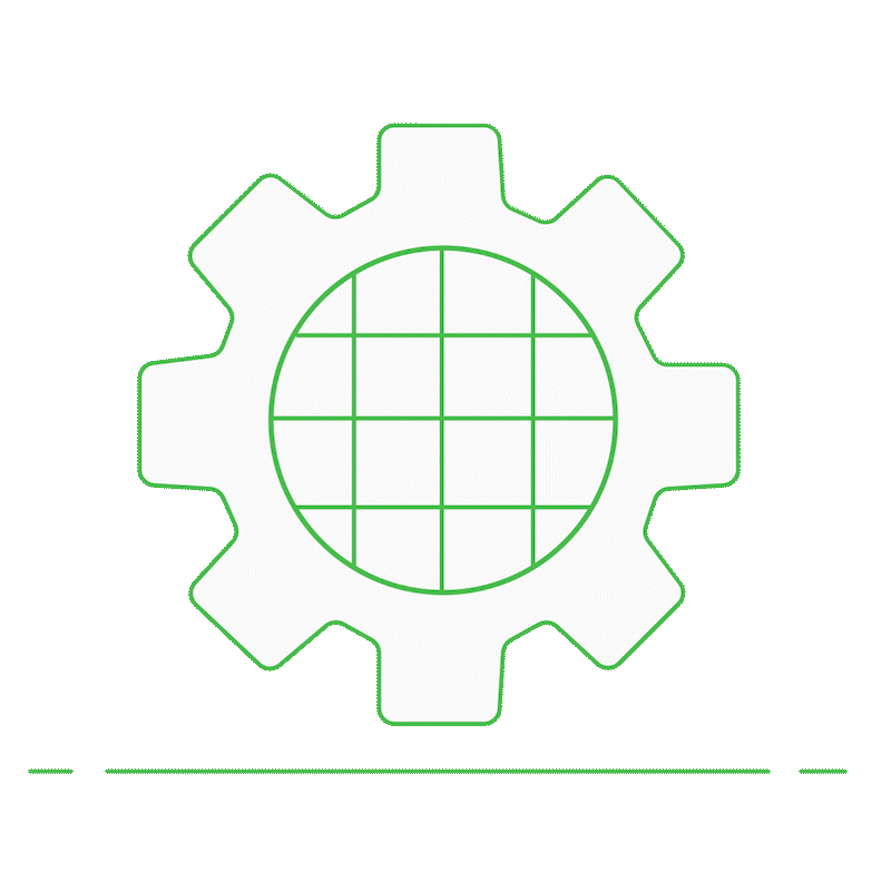 Animated icon of a gear with a grid-patterned globe at its center, symbolizing global operations and maintenance (O&M) services.