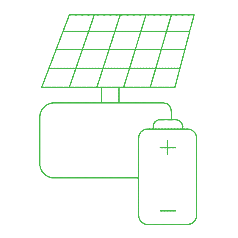 Animated outline of a solar panel system connected to a battery storage unit, symbolizing solar power generation with energy storage.