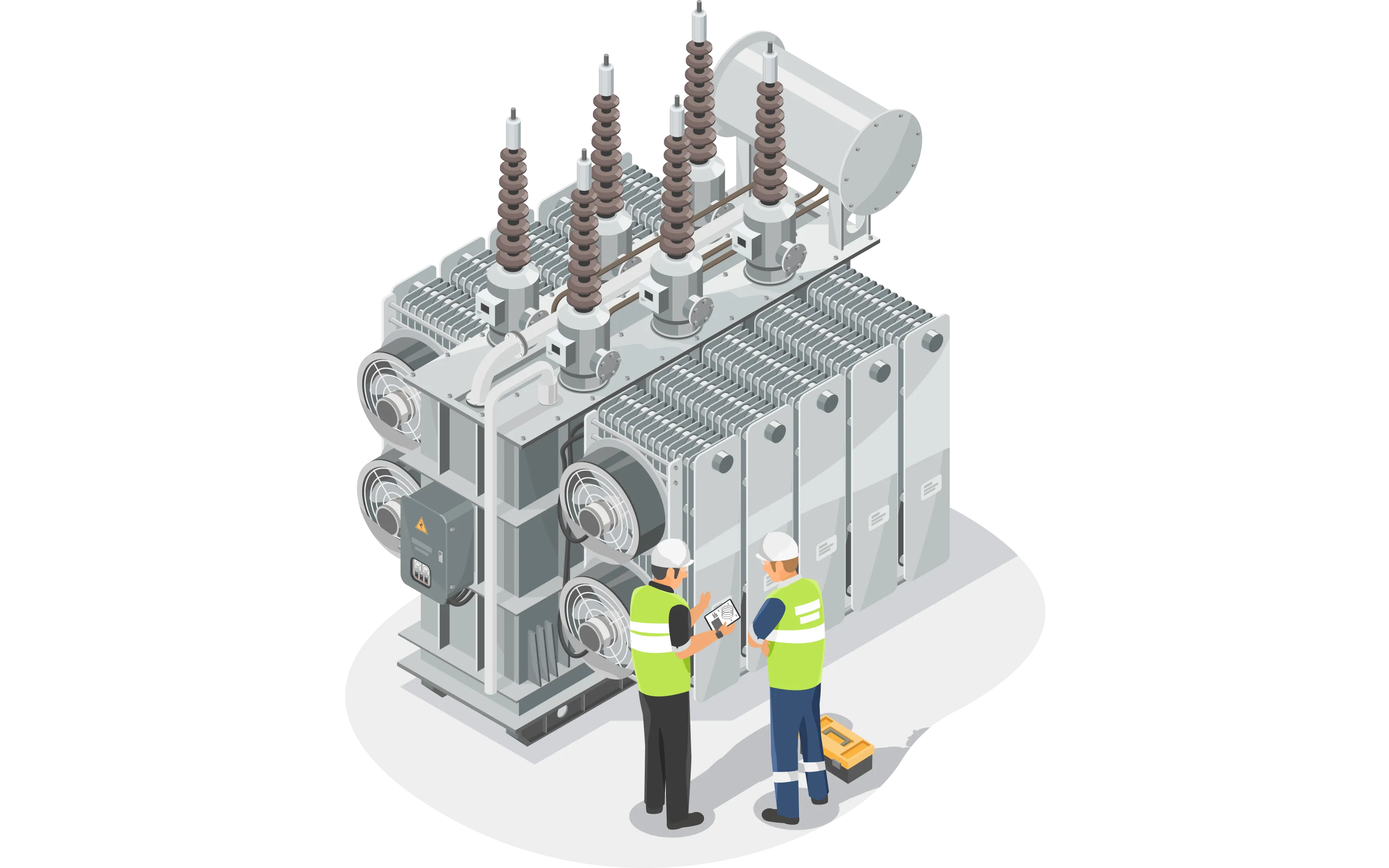 An isometric illustration depicts a large, grey electrical power transformer with various components like bushings, cooling fins, and a conservator tank. Two workers in hard hats and safety vests are shown inspecting it, one holding a clipboard or tablet. A yellow toolbox sits on the ground nearby.