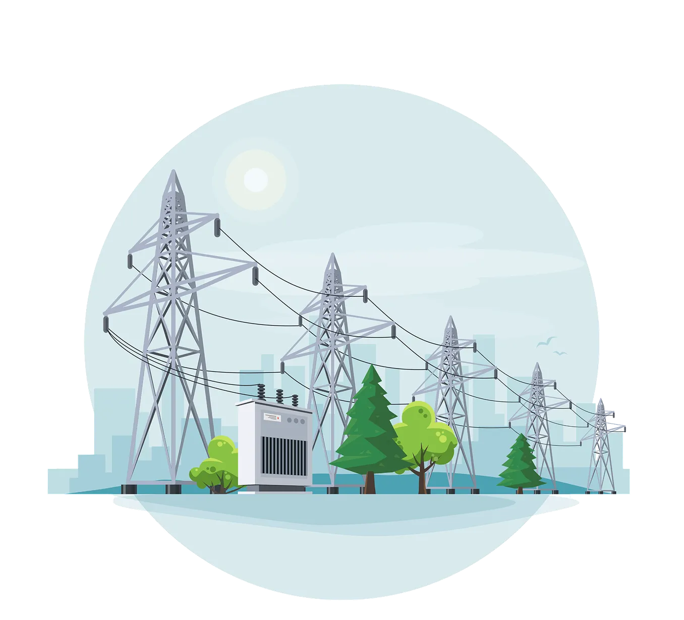 Illustration of a high-voltage electricity transmission network with multiple pylons carrying power lines across a landscape with greenery and buildings in the distance. This likely represents part of the power infrastructure
