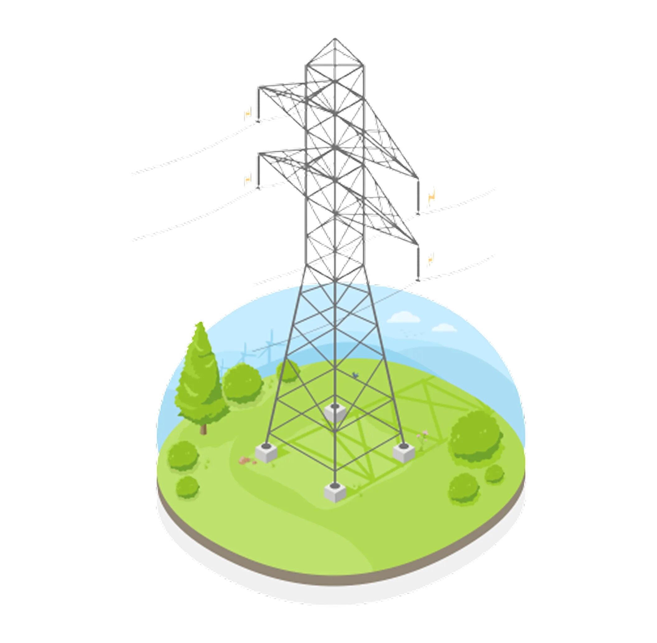 Isometric illustration of a power transmission tower, part of the electricity network