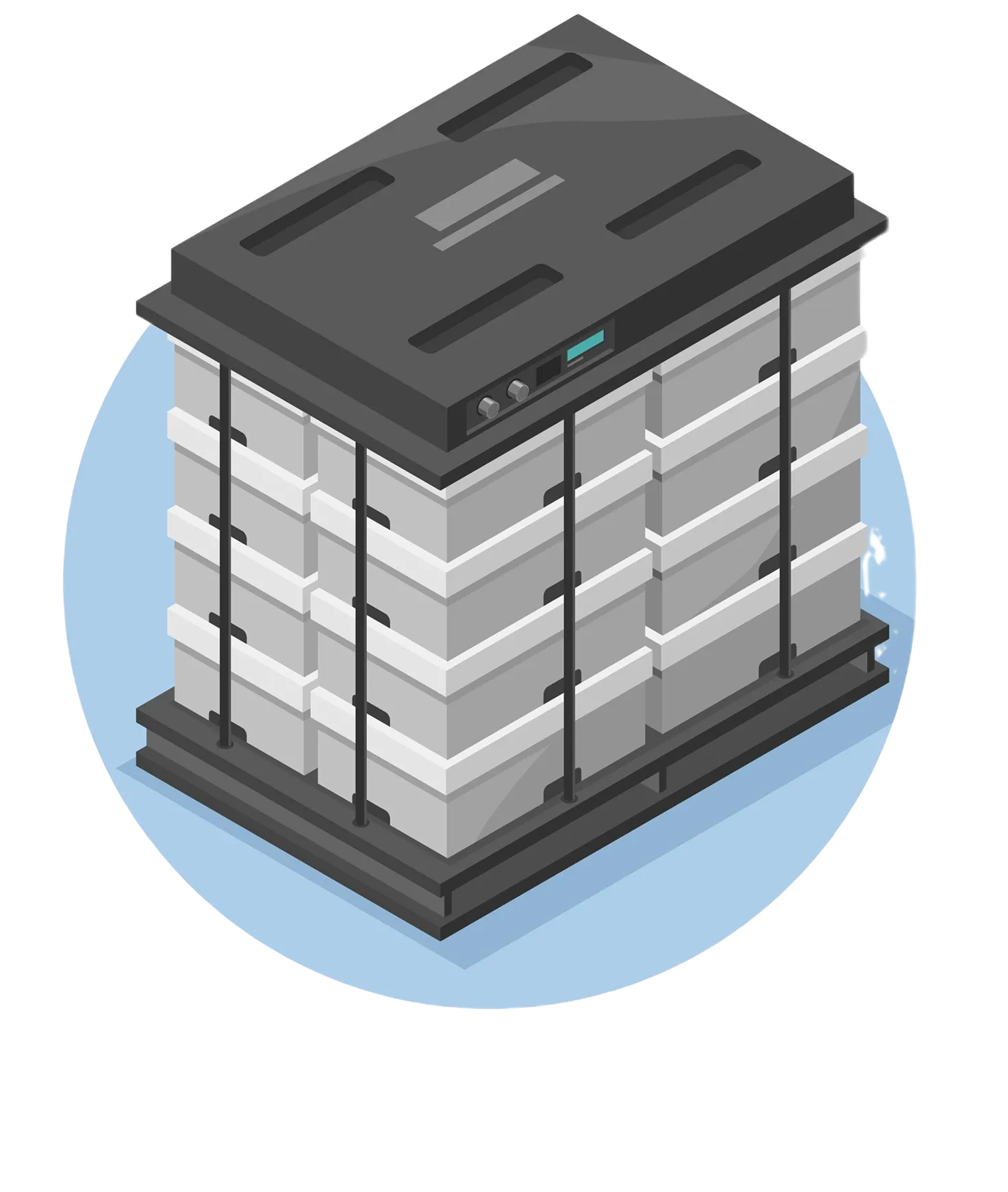 An isometric illustration shows a large, rectangular grey and white saltwater battery energy storage unit. It has a dark grey top with vents or access panels and sits on a dark grey base. The unit is depicted within a light blue circular area.