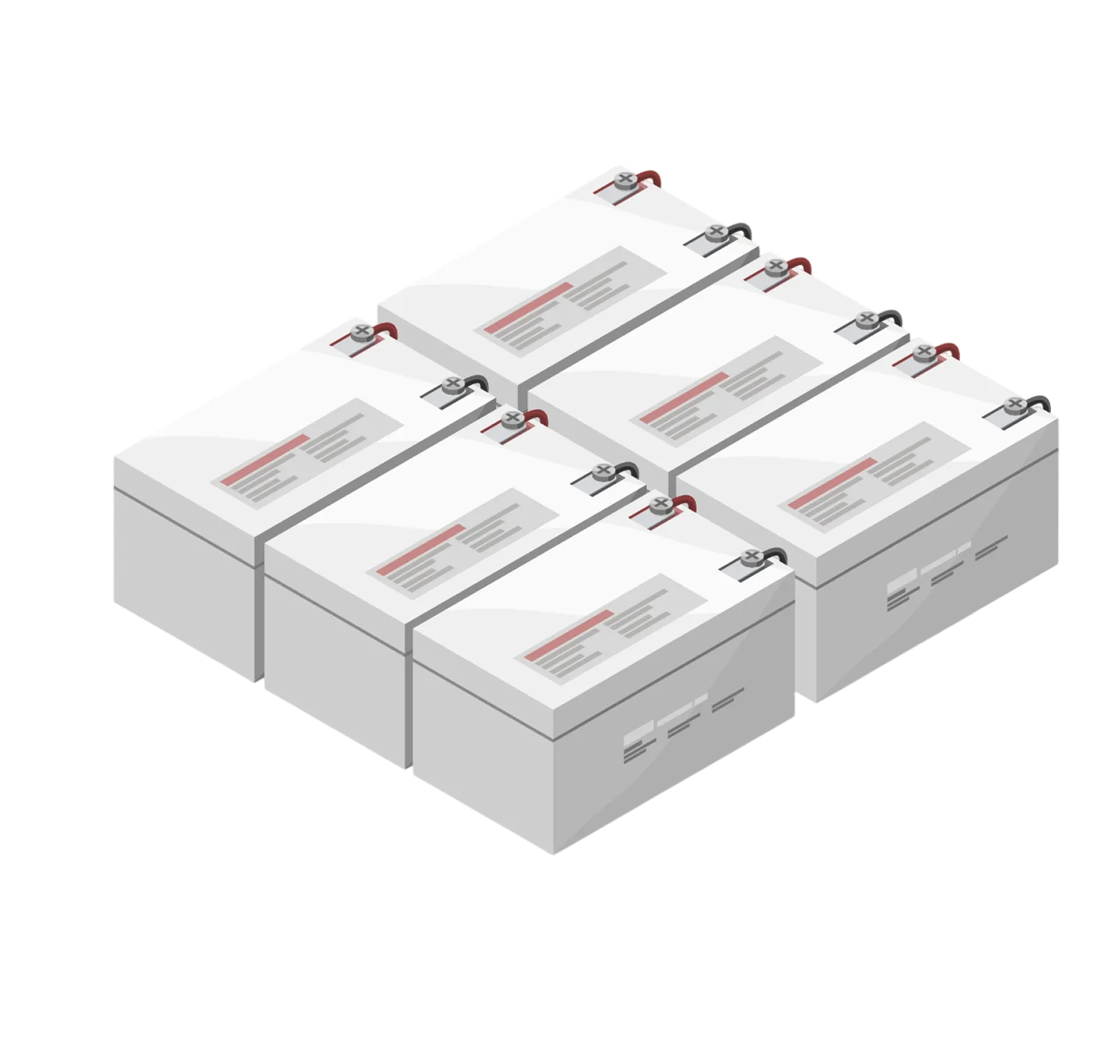 An isometric illustration shows six white batteries arranged in a grid. Each battery has red and black terminals and a label on top. They are connected with short black cables.