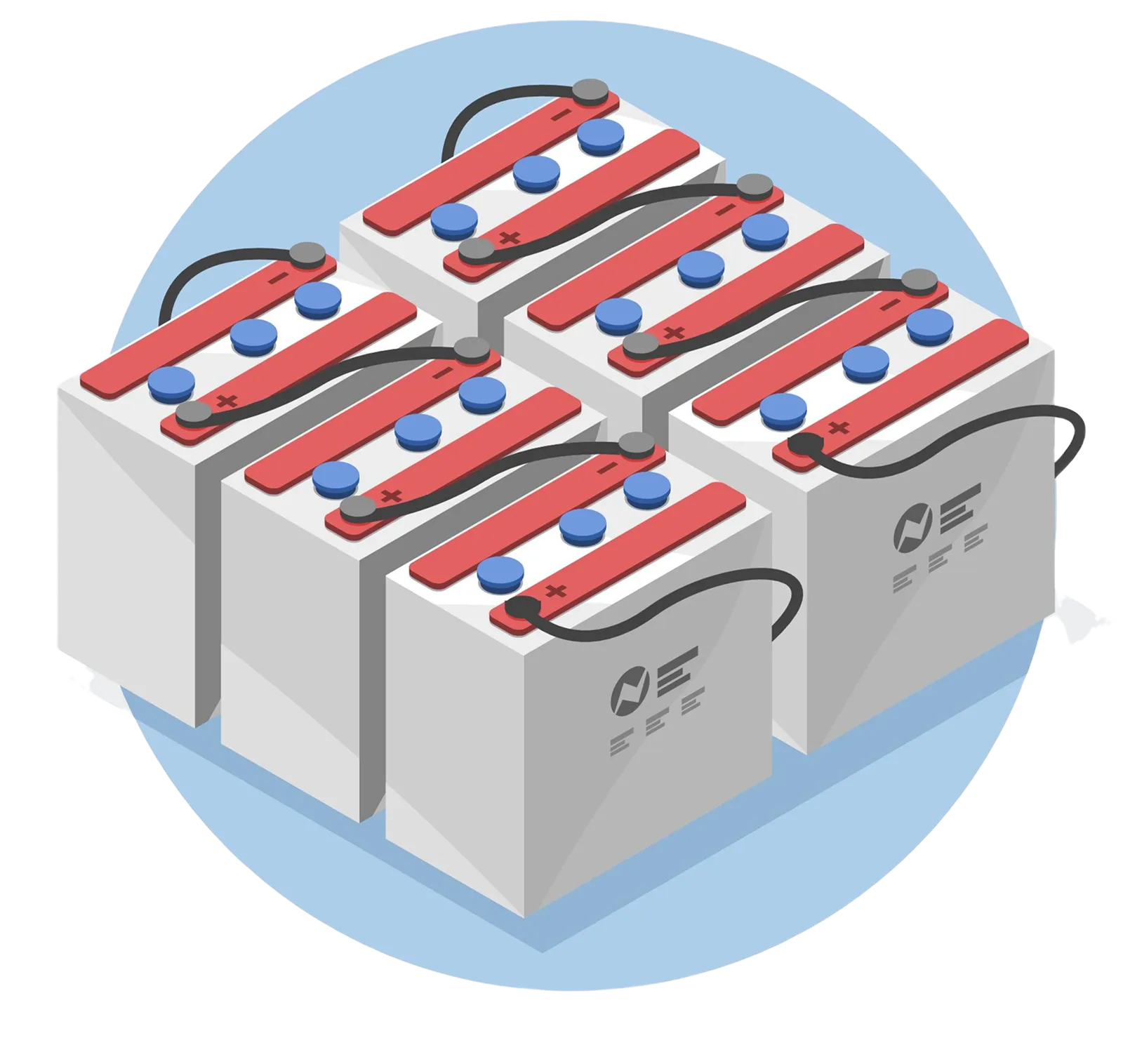 An isometric illustration shows six large, grey batteries connected in parallel with thick black cables. Each battery has red and blue terminals and carrying straps. They are arranged on a light grey surface within a light blue circular area.