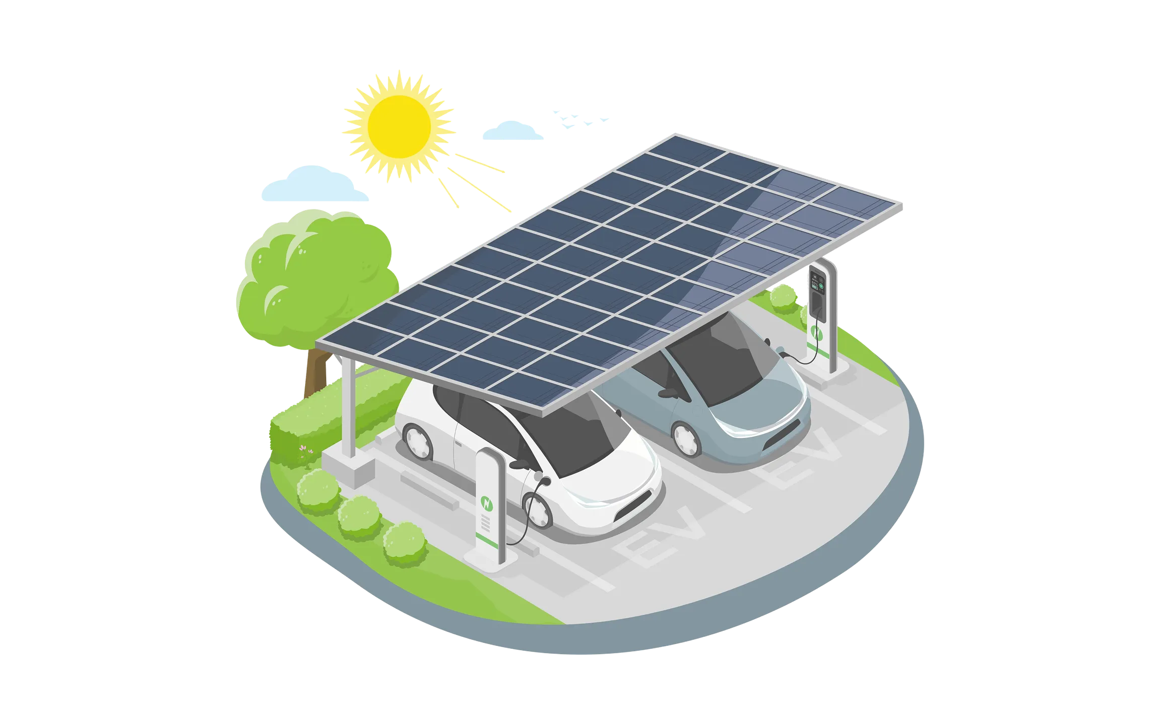 Isometric view of a solar carport with EV chargers, representing an environmentally friendly approach to parking and vehicle charging in urban areas.