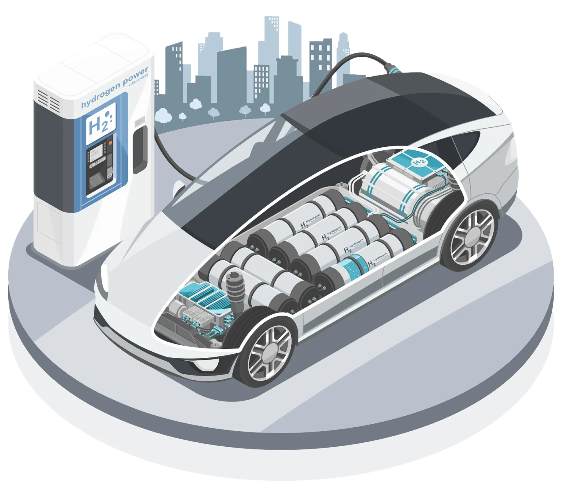 Isometric view of a hydrogen refueling station and a fuel cell car, representing the infrastructure needed to support hydrogen-powered vehicles in urban areas.