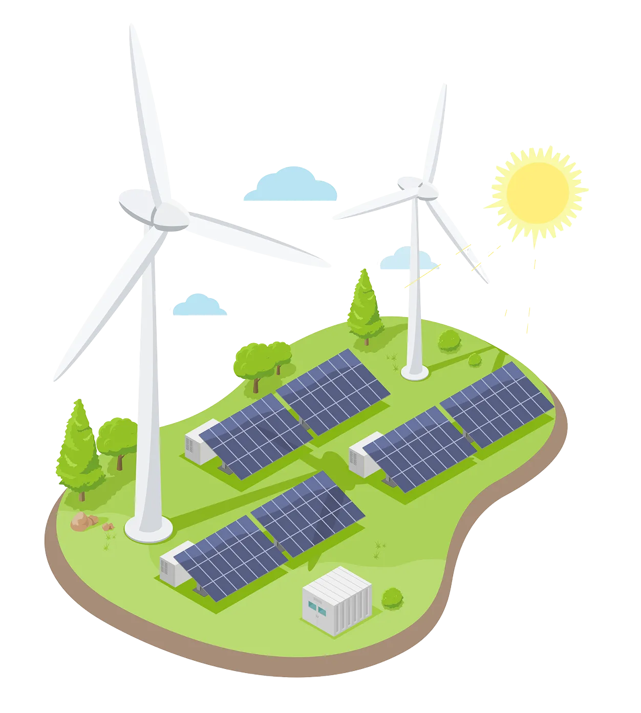 Isometric view of a site integrating solar panels and wind turbines for electricity generation, demonstrating a multi-faceted approach to renewable energy.