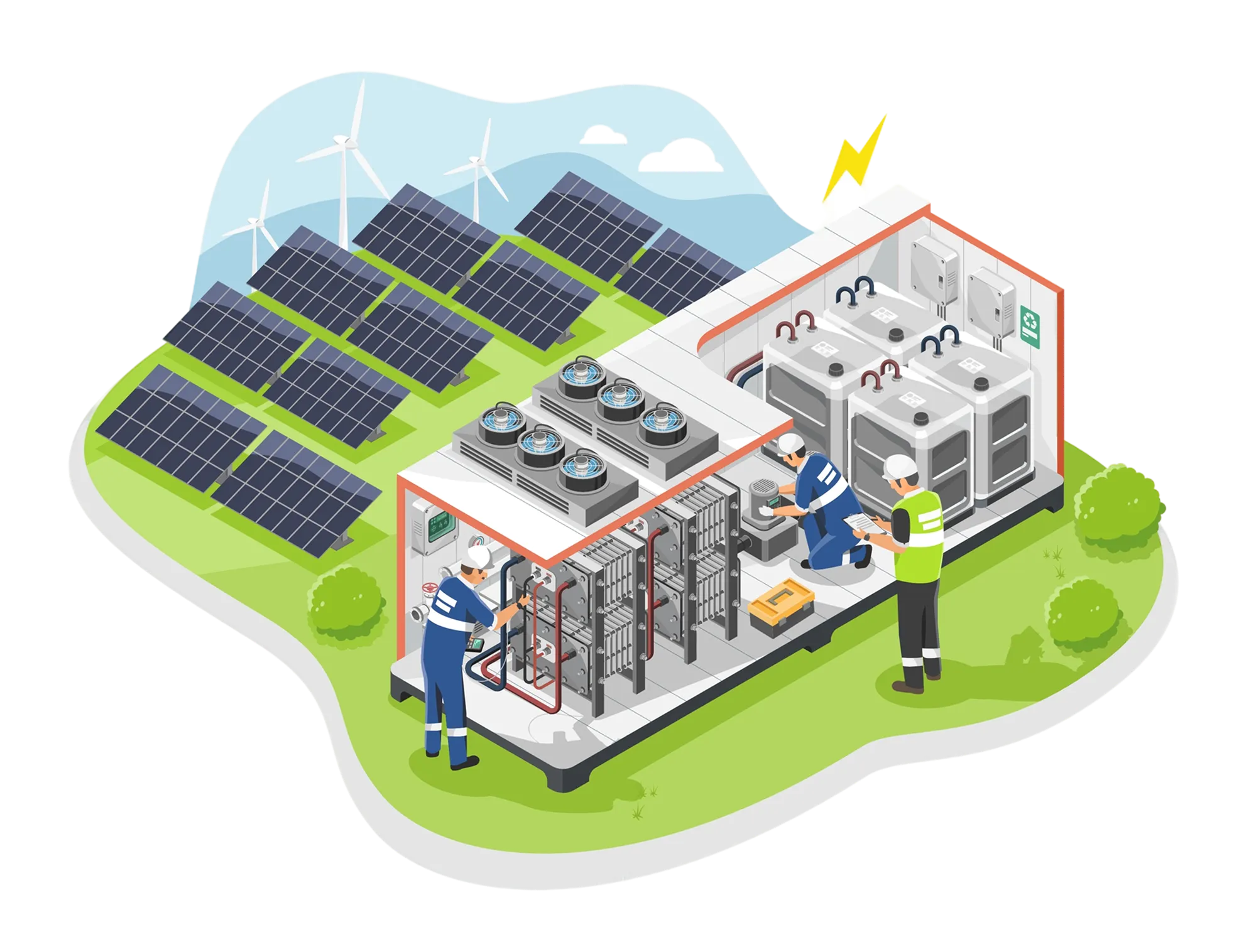 An isometric illustration depicts a microgrid system with solar panels, wind turbines in the background, and a building housing flow batteries. Two technicians are working inside the battery storage unit, while another is near the power conversion equipment.