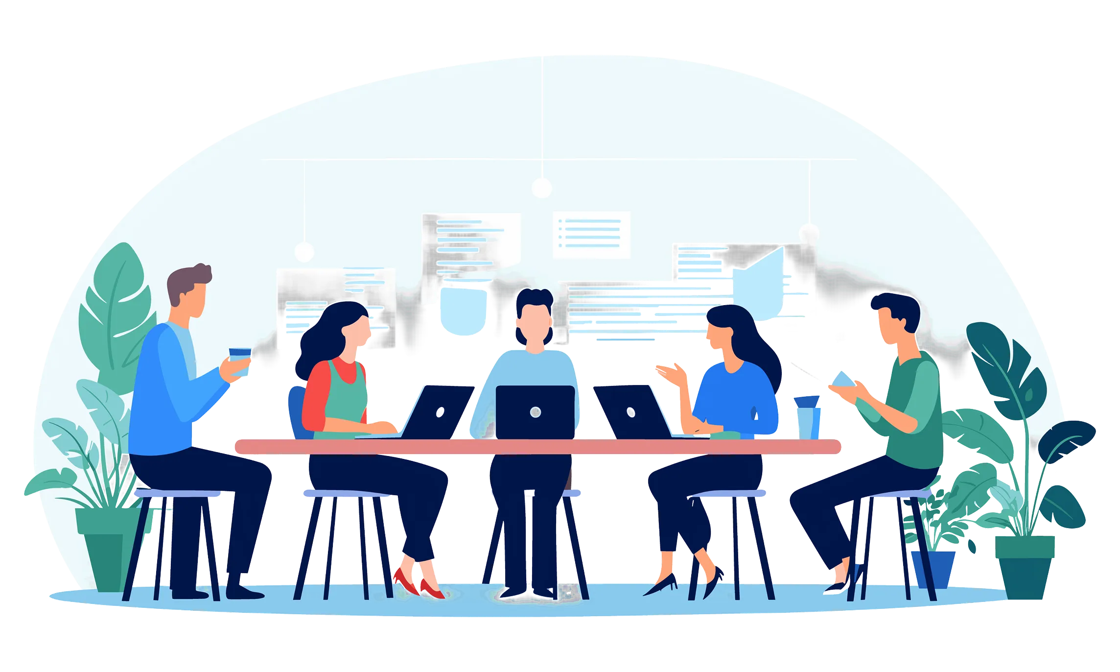 Illustration of a meeting room with people working together, highlighting a contemporary workplace setting.