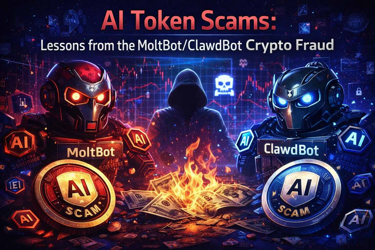 AI crypto scam warning concept with robotic hand and cryptocurrency symbols