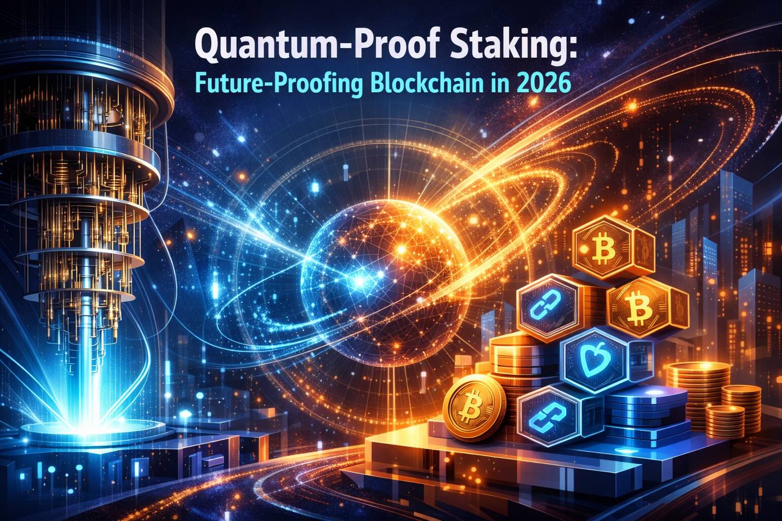 A professional 3D render of a futuristic quantum computer chip integrated with blockchain blocks, symbolizing secure staking in 2026.