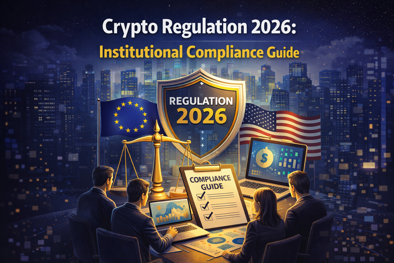 Professional illustration of global blockchain regulatory compliance framework for institutional investors