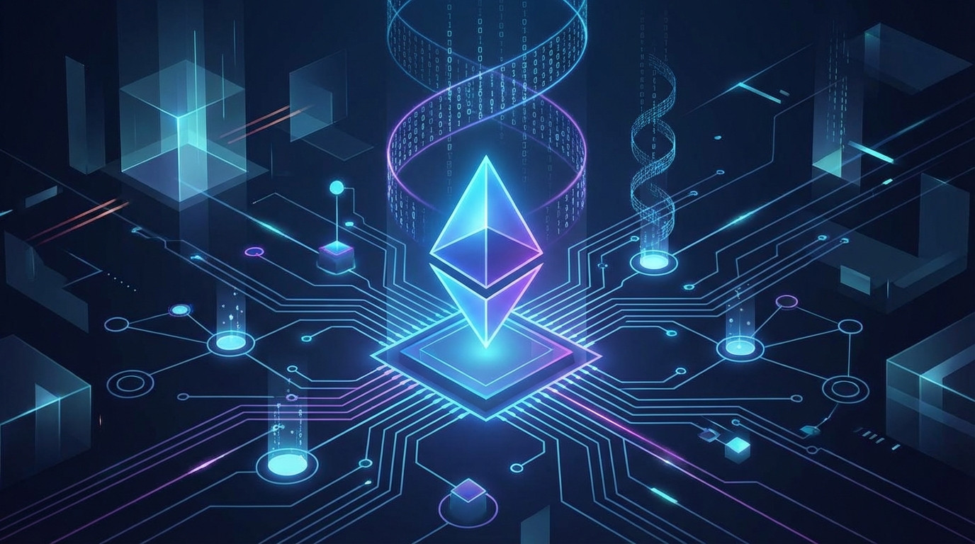 Ethereum Glamsterdam Upgrade 2026 illustration showing blockchain network infrastructure with glowing Ethereum logo