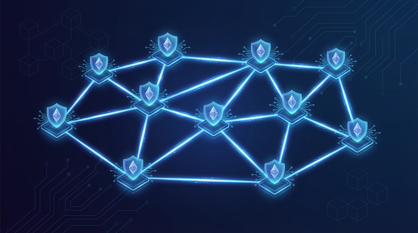 Network of interconnected Ethereum validator nodes representing DVT-lite distributed staking technology