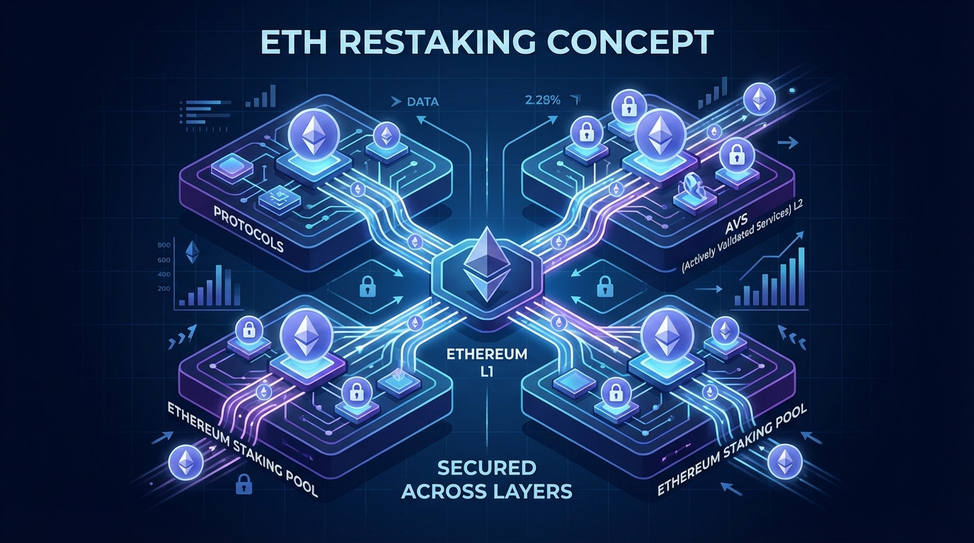 Ethereum restaking concept illustration showing multiple interconnected blockchain layers secured across protocols