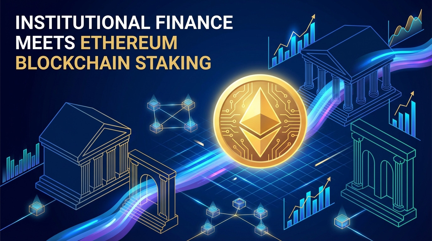 Institutional finance meets Ethereum blockchain staking - professional illustration showing Ethereum logo with institutional buildings and data streams