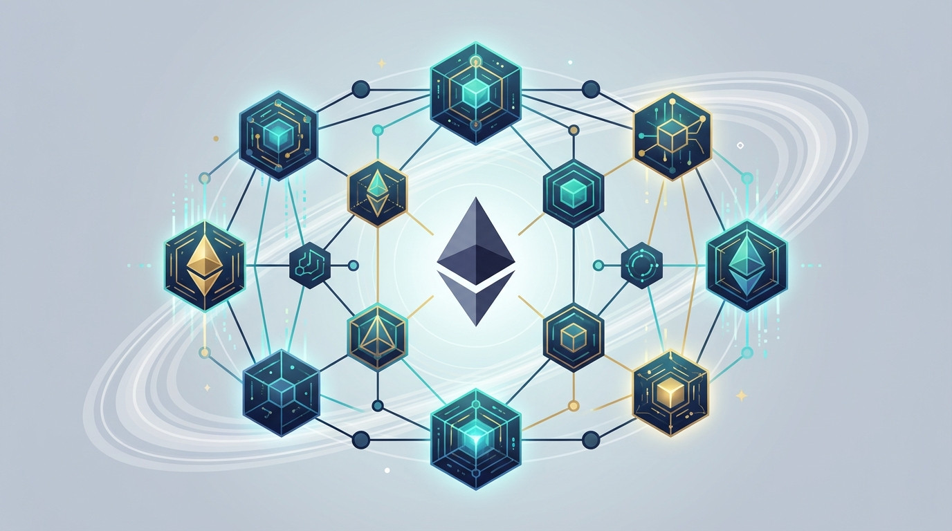 Decentralized Ethereum staking infrastructure with interconnected validator nodes representing permissionless liquid staking