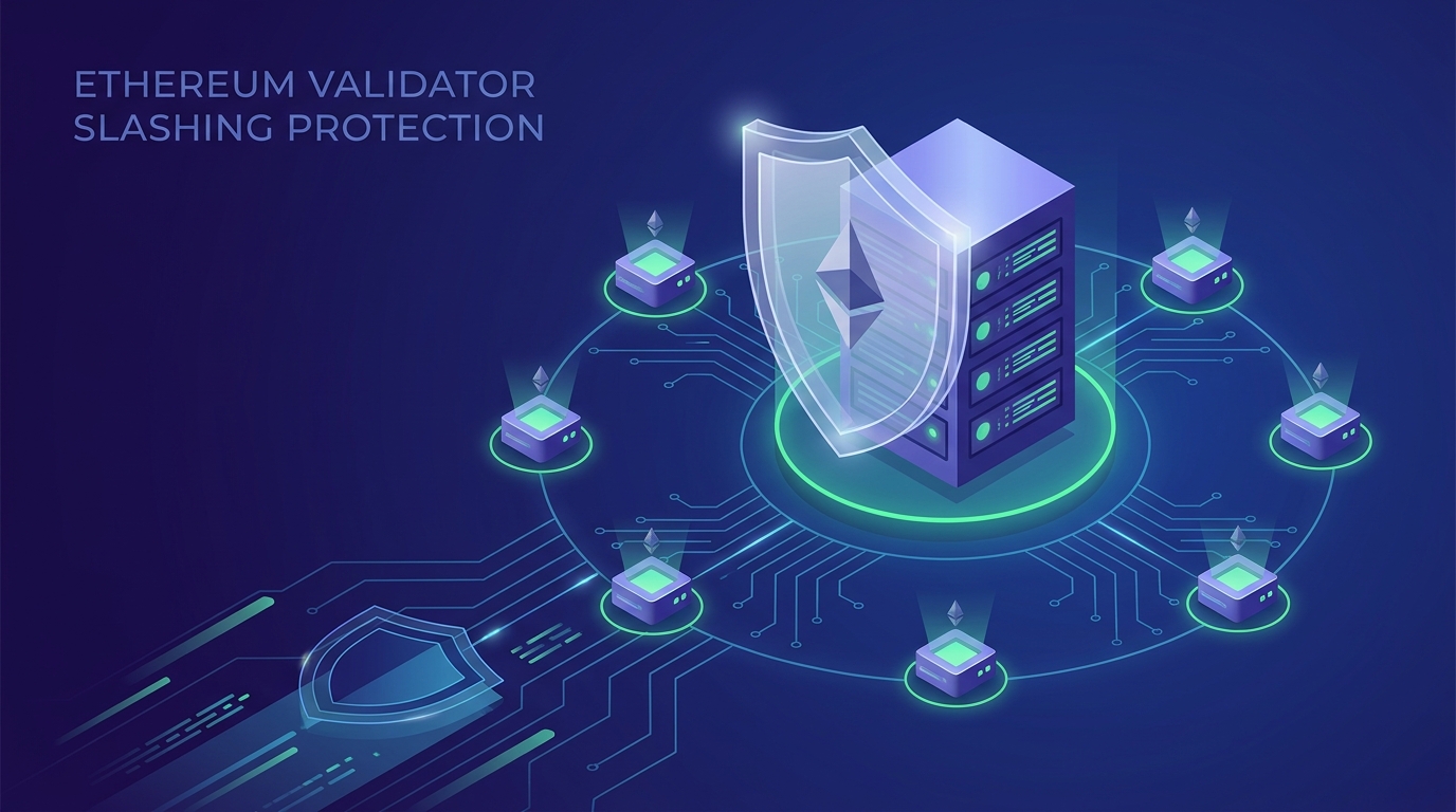 Ethereum validator node protected by a glowing shield representing slashing protection