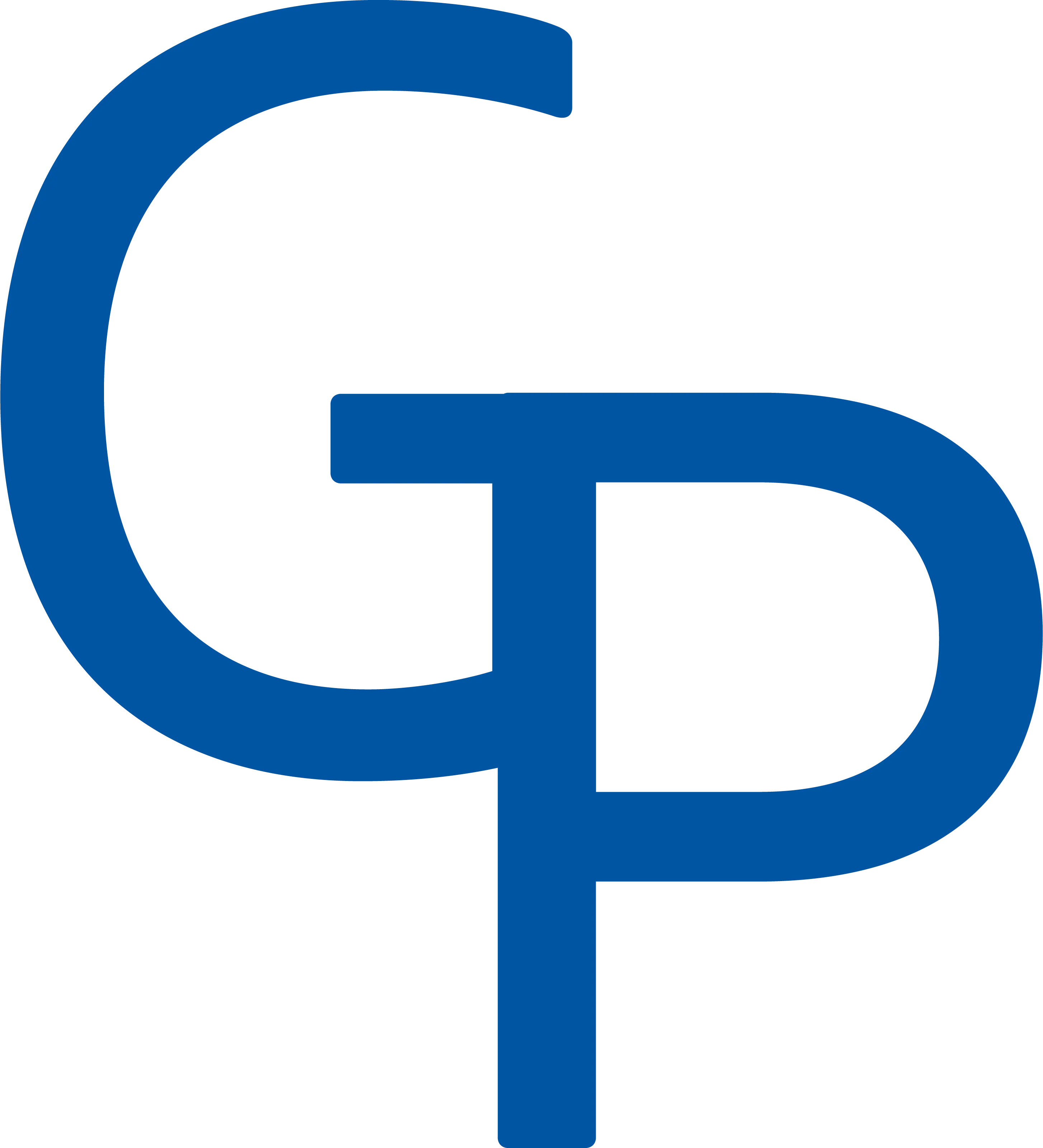 Monogramm „GP“ in blauer Typografie auf dunklem Hintergrund.