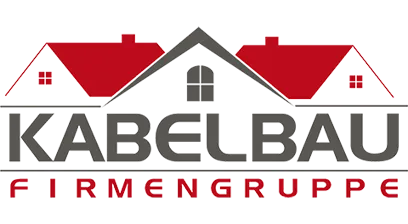 Logo „Kabelbau Firmengruppe“ mit Haus- und Kabelsymbolen in Rot und Grau.