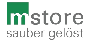 Logo „mstore sauber gelöst“ in grauer und grüner Typografie.