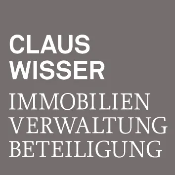 Textlogo „Claus Wisser Immobilien Verwaltung Beteiligung“ in grauer Fläche.